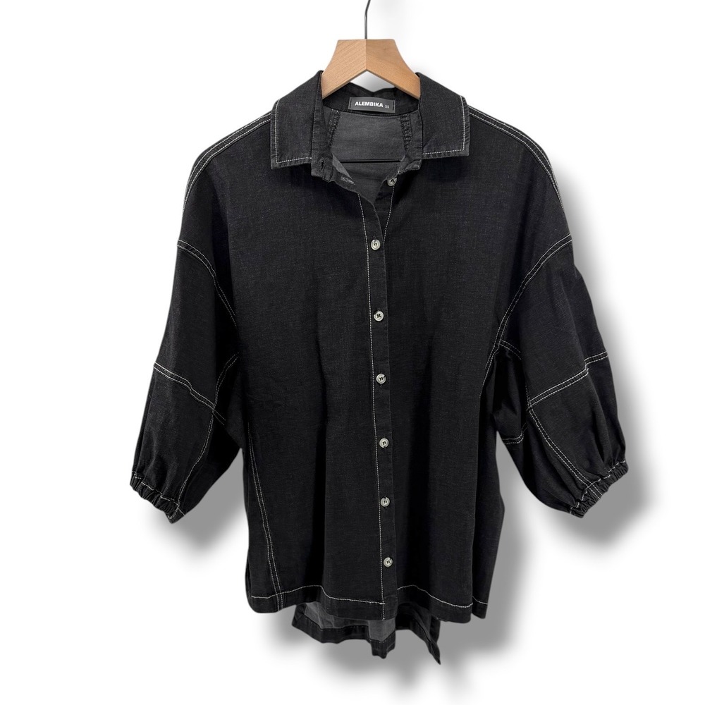 Alembika Pippa Puff Blouse Boxy Women XS Black Denim Art to Wear Lagenlook Top